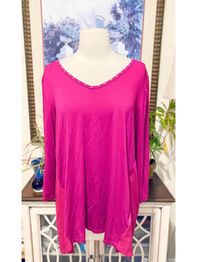 JM Collection Long Sleeve Pink Tunic Top with V-Neck and Contrast Panel SIze M